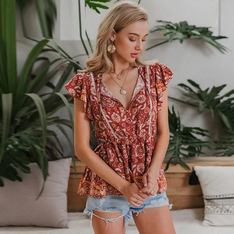 Elegant Blouse Cotton Tassel Red Sexy Top Boho V Neck Holiday Summer Tank Top