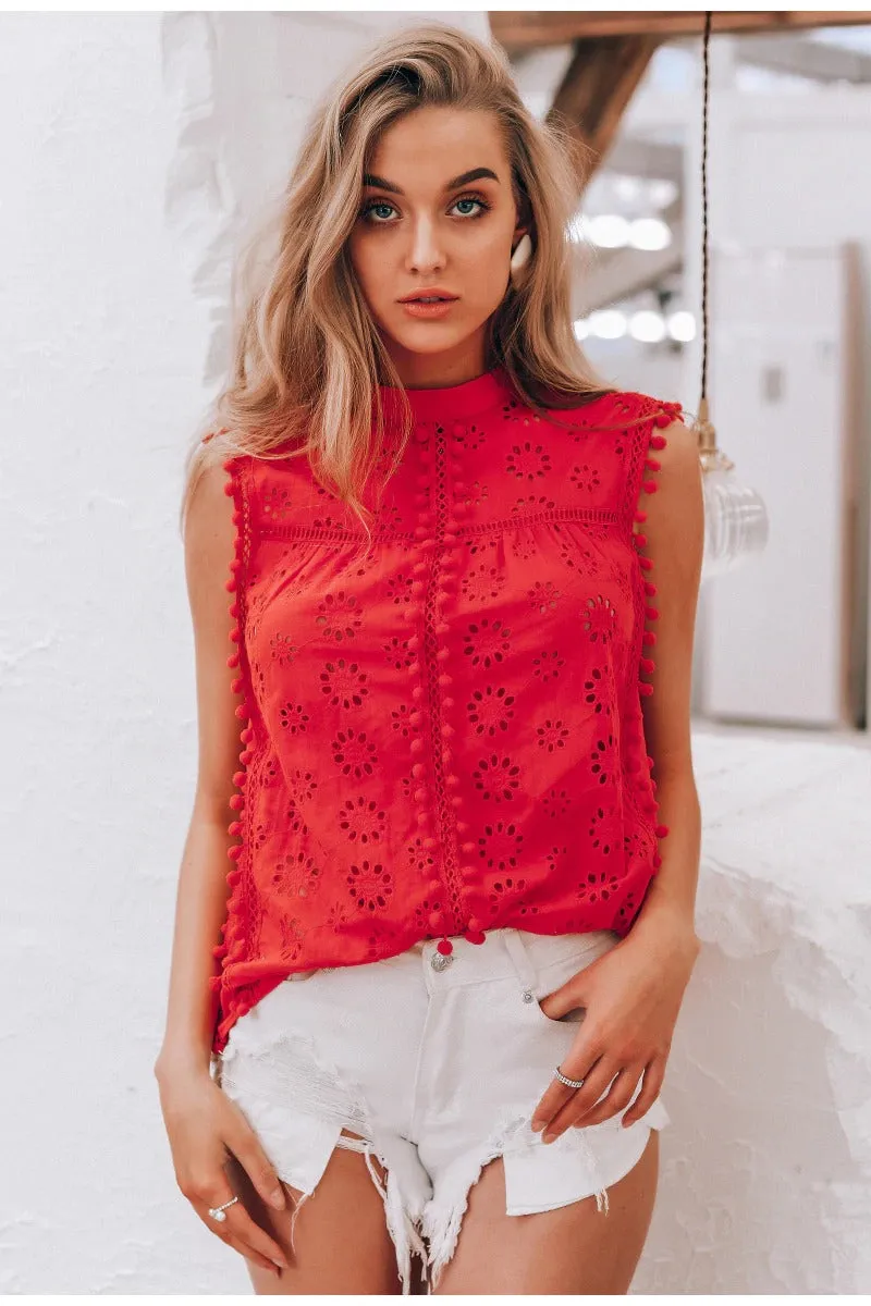 Elegant Cotton Embroidery Red Shirts Sexy Top Stand Neck Tassel Pompon Tank Top