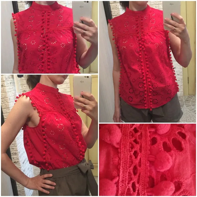 Elegant Cotton Embroidery Red Shirts Sexy Top Stand Neck Tassel Pompon Tank Top