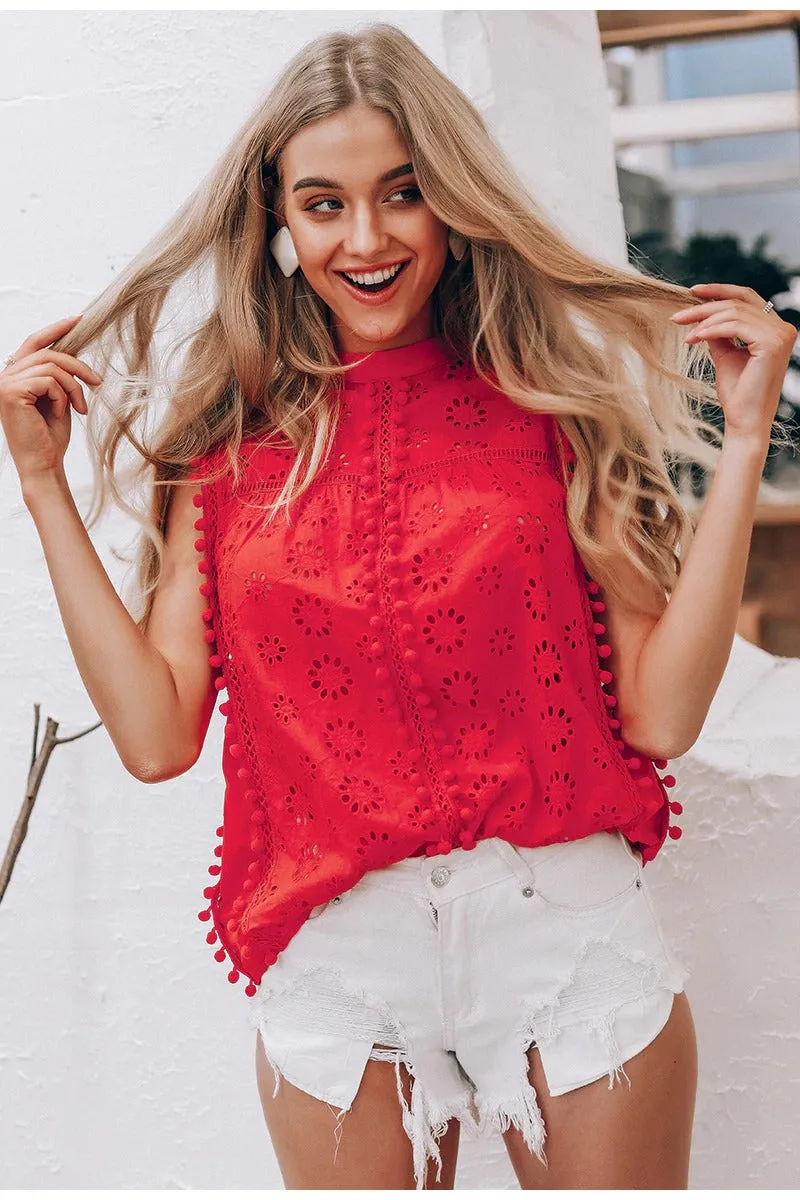 Elegant Cotton Embroidery Red Shirts Sexy Top Stand Neck Tassel Pompon Tank Top