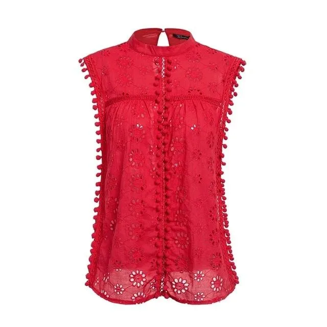 Elegant Cotton Embroidery Red Shirts Sexy Top Stand Neck Tassel Pompon Tank Top