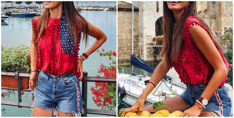 Elegant Cotton Embroidery Red Shirts Sexy Top Stand Neck Tassel Pompon Tank Top