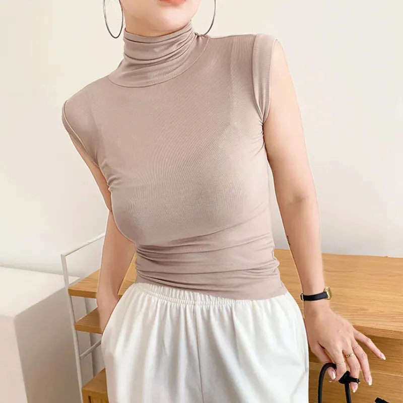 Elegant Turtleneck Sleeveless Women Office Lady White Tees Tank Top