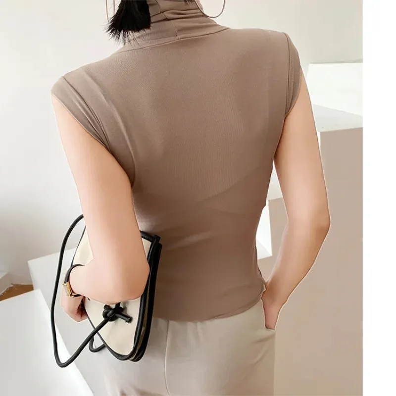 Elegant Turtleneck Sleeveless Women Office Lady White Tees Tank Top