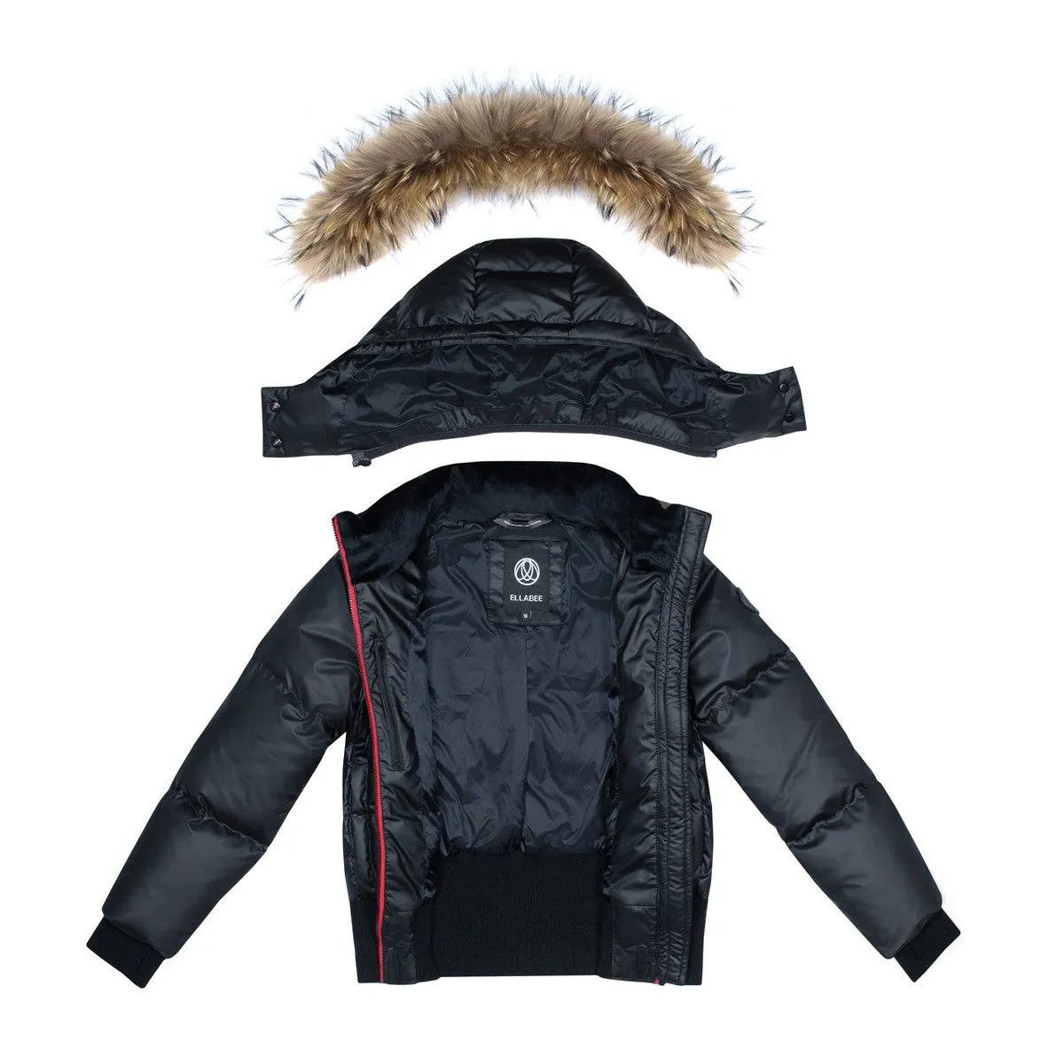 ELLABEE BLACK/RED ZIPPER RACCOON FUR DOWN BOMBER COAT