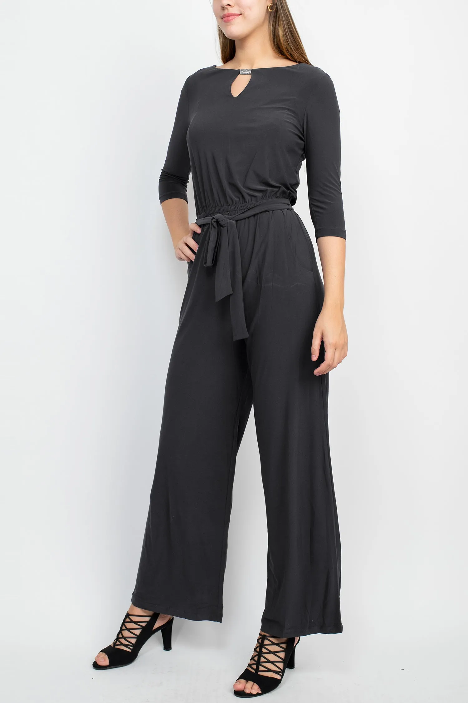 Emma & Michele Boat Neck Keyhole Front 3/4 Sleeve Tie Waist Blouson Keyhole Back Jersey Jumpsuit