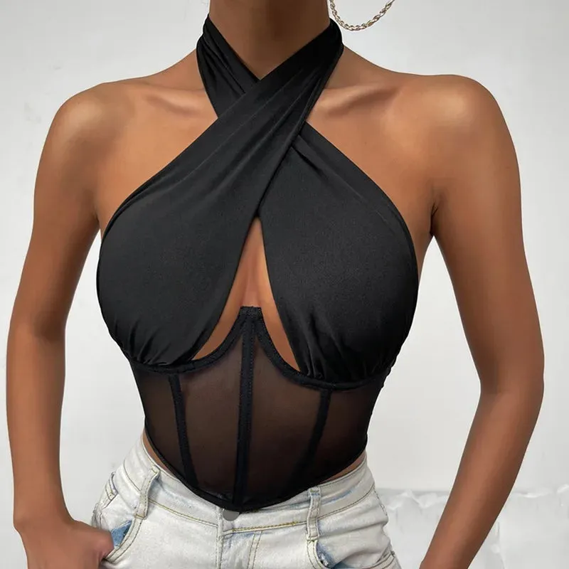 Fashion Sexy Hollow Tie-Up Halter Sleeveless Backless See-Through Mesh Stylish Elegant Trendy Crop Top