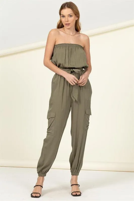 Flap Side Pockets Belted Tube Jumpsuit