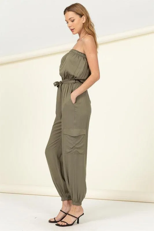 Flap Side Pockets Belted Tube Jumpsuit