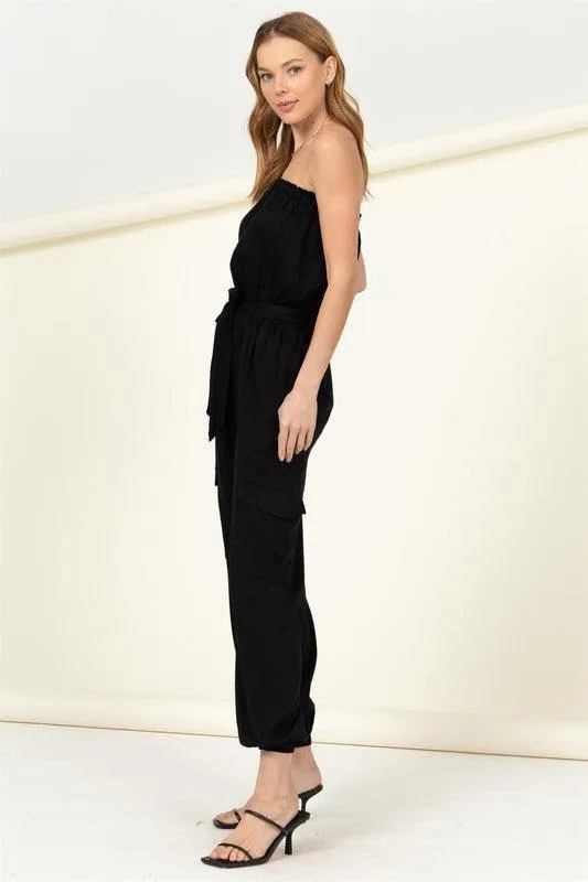 Flap Side Pockets Belted Tube Jumpsuit