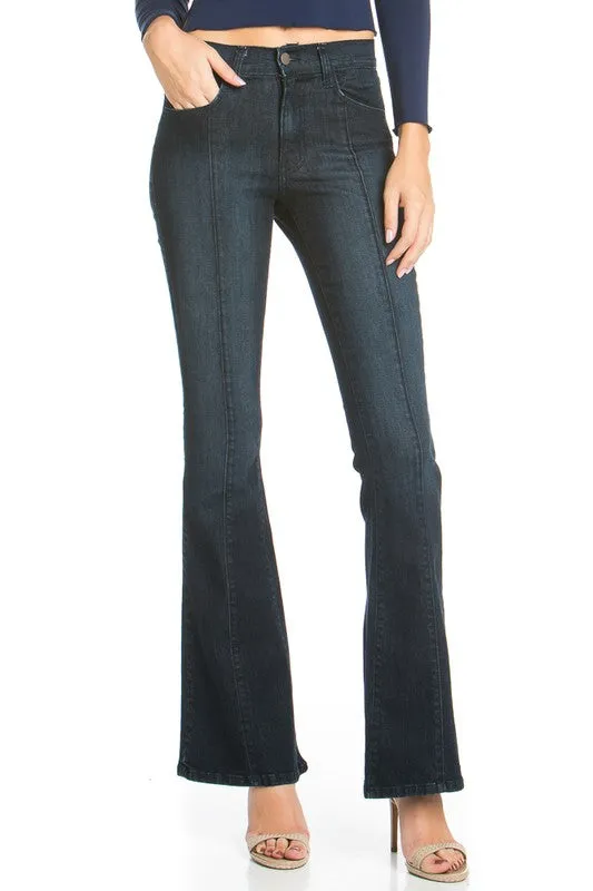 front seam flare denim mid wash