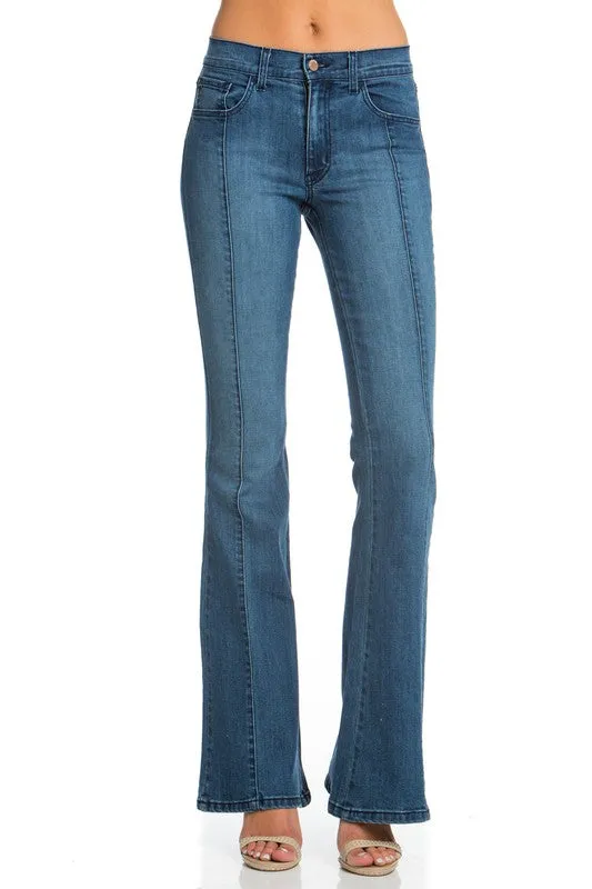 front seam flare denim mid wash