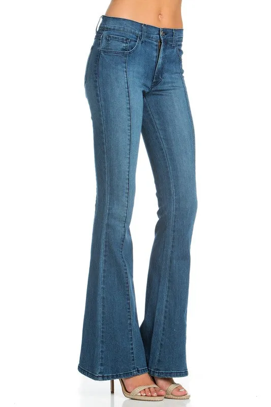 front seam flare denim mid wash