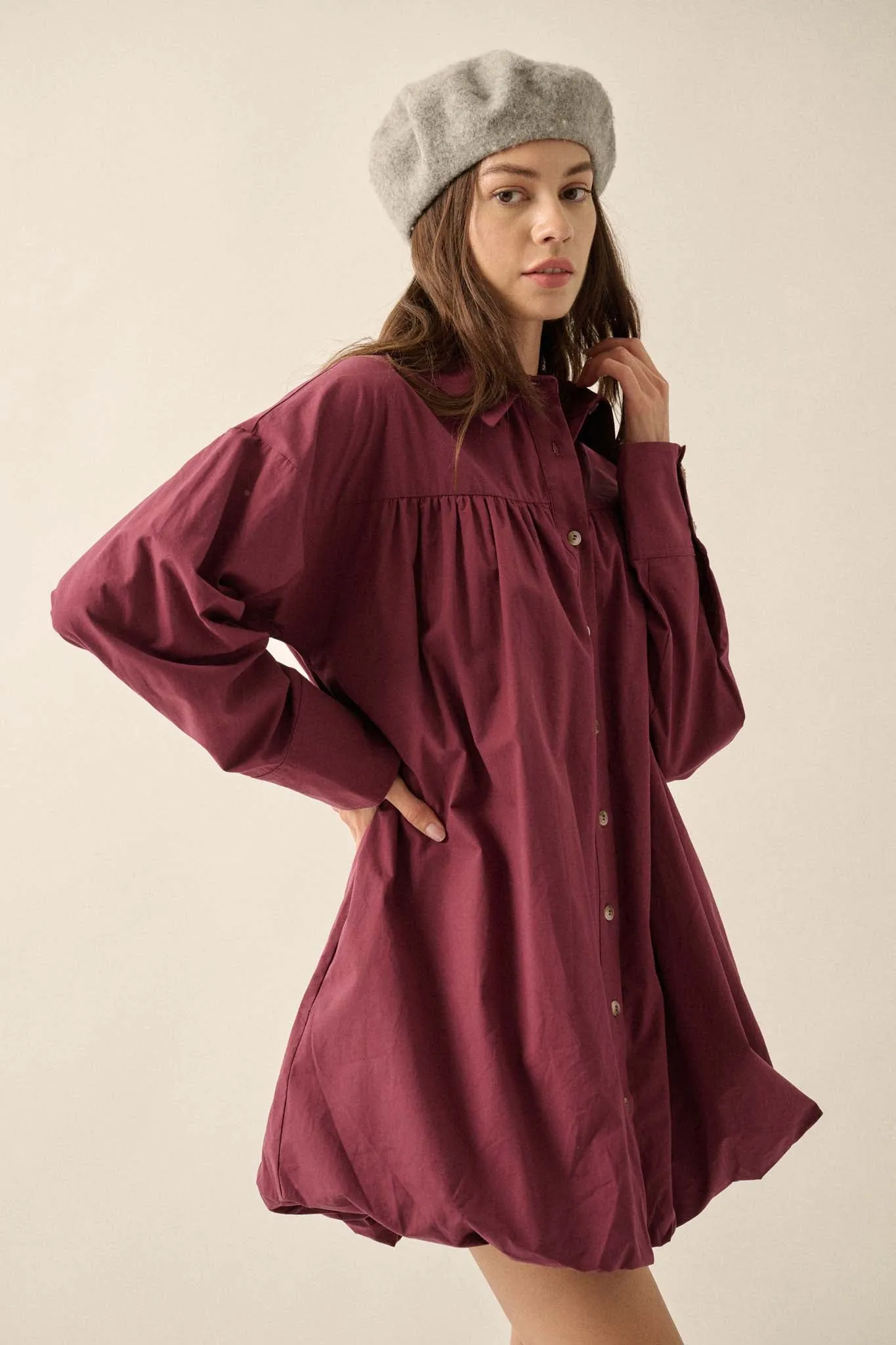 Full Volume Bubble-Hem Babydoll Shirt Dress