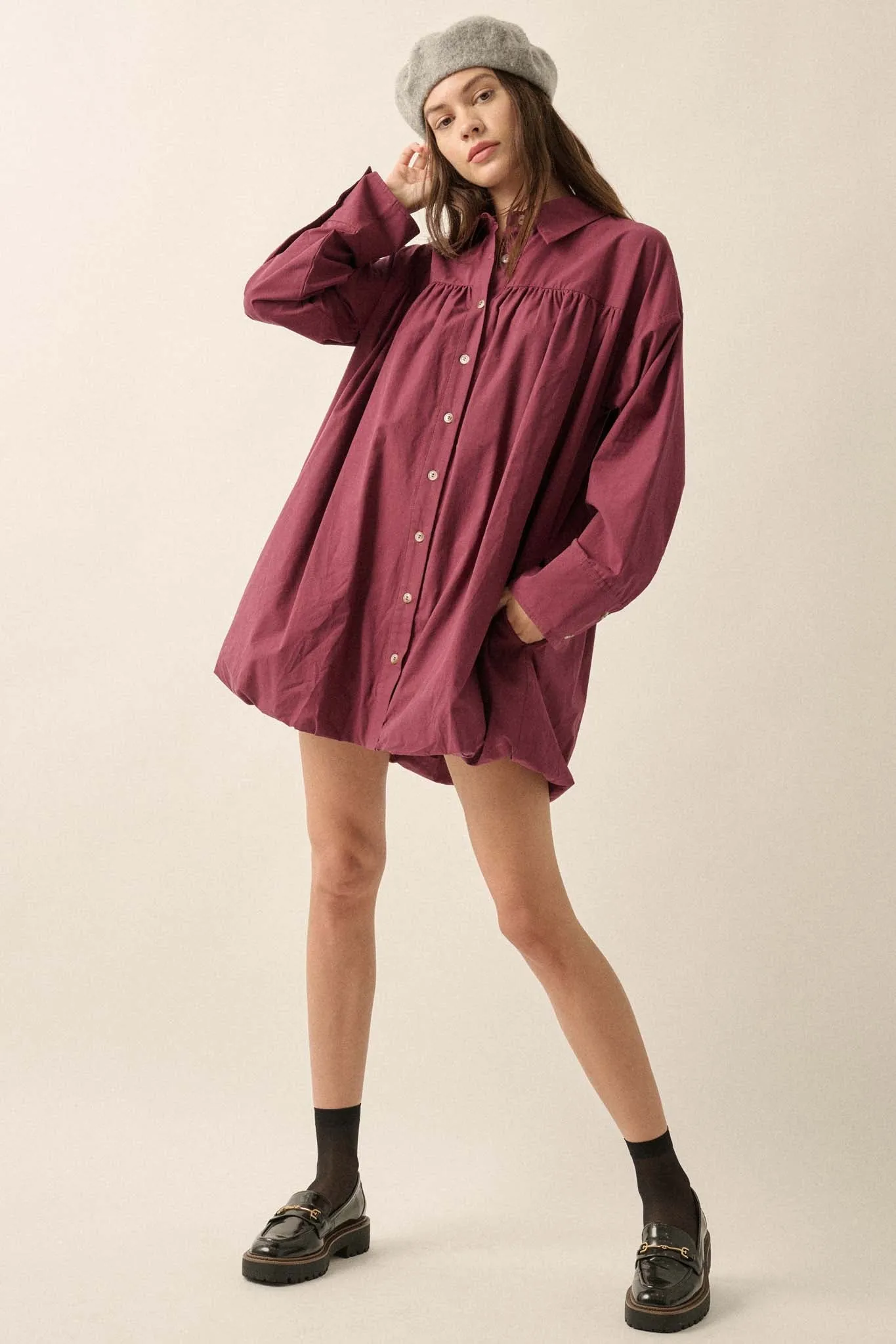 Full Volume Bubble-Hem Babydoll Shirt Dress