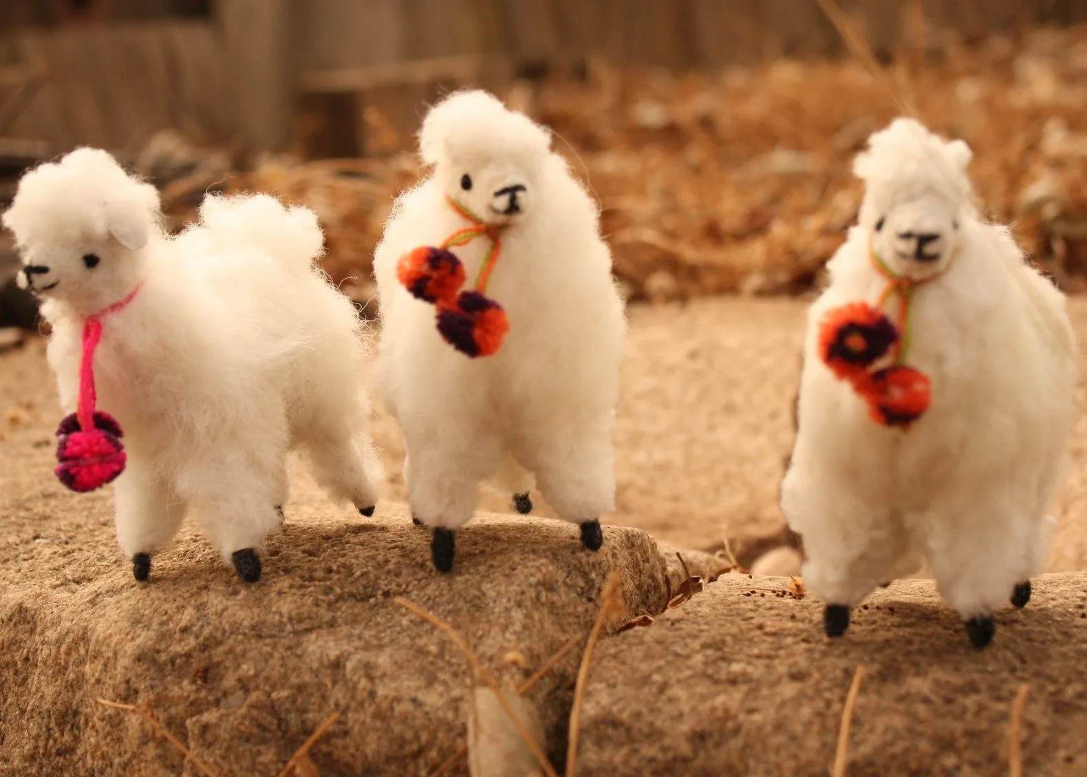 Fur Alpaca Toy Figure with Pom-Poms