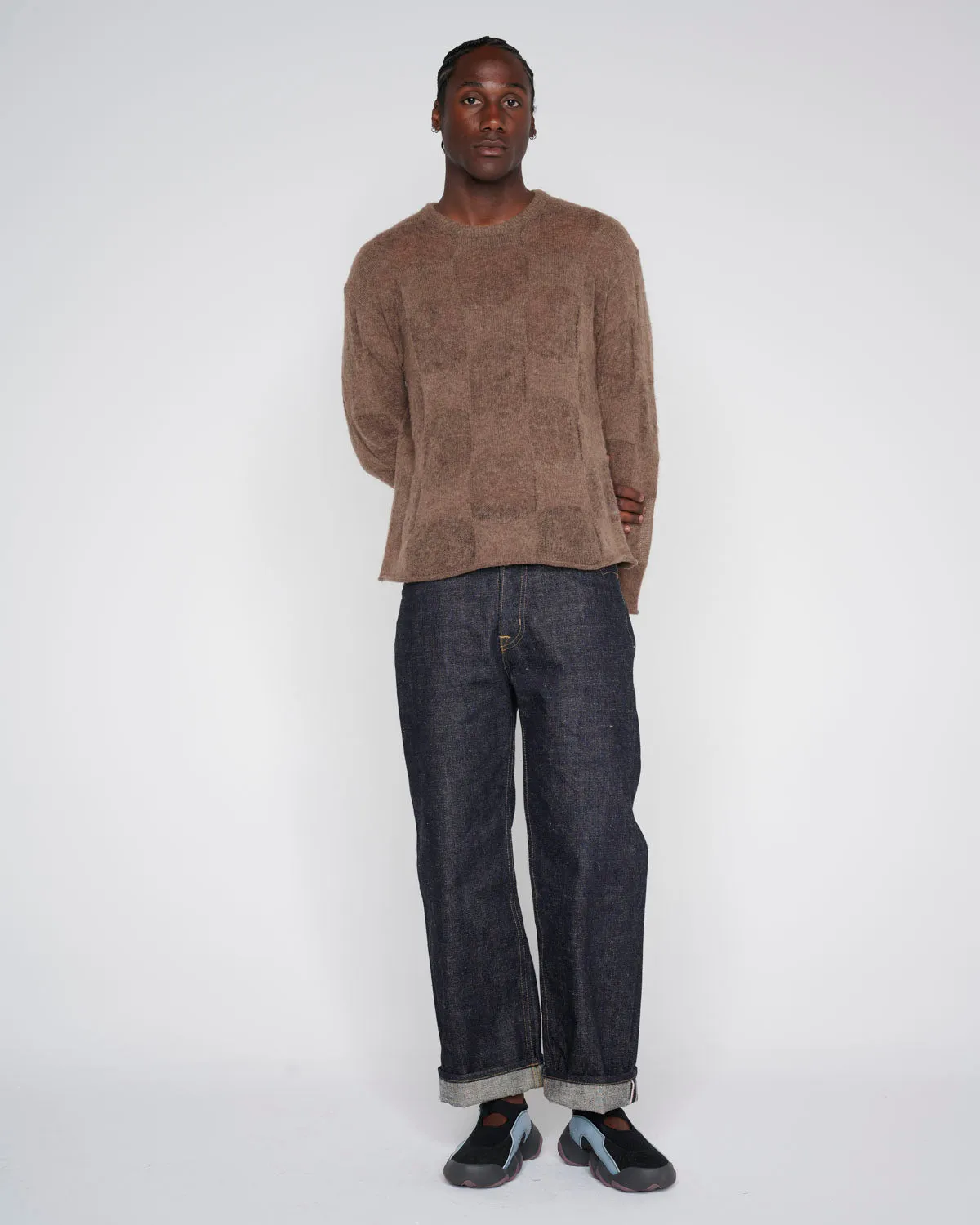 Fuzzy Threadbare Warped Check Sweater - Brown