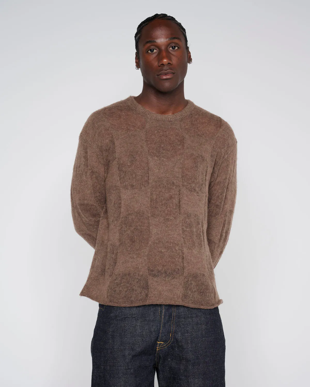 Fuzzy Threadbare Warped Check Sweater - Brown