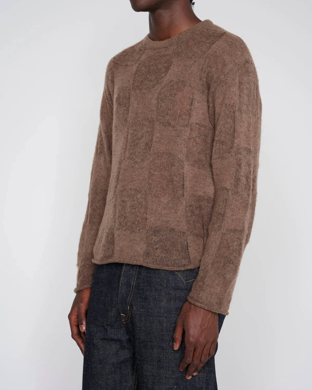 Fuzzy Threadbare Warped Check Sweater - Brown