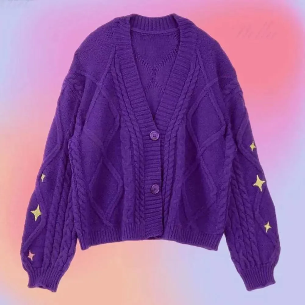 Girlary-shop fall fashion Autumn and Winter New Purple Sweater Cardigan Coat Single-Breasted Star Embroidered Casual Sweater Top