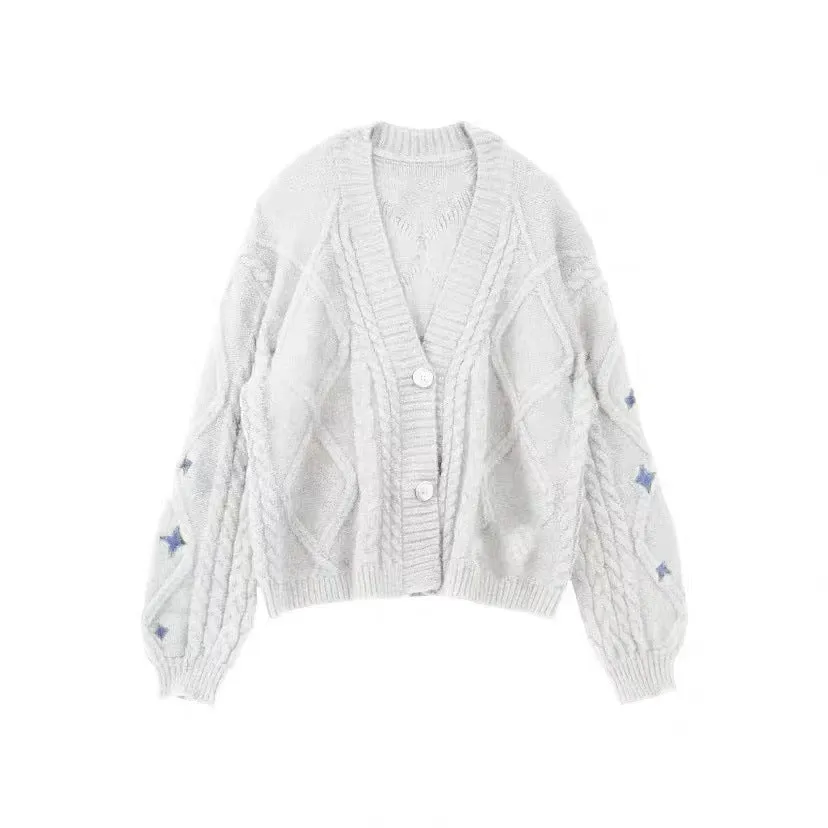 Girlary-shop fall fashion Autumn and Winter New Purple Sweater Cardigan Coat Single-Breasted Star Embroidered Casual Sweater Top