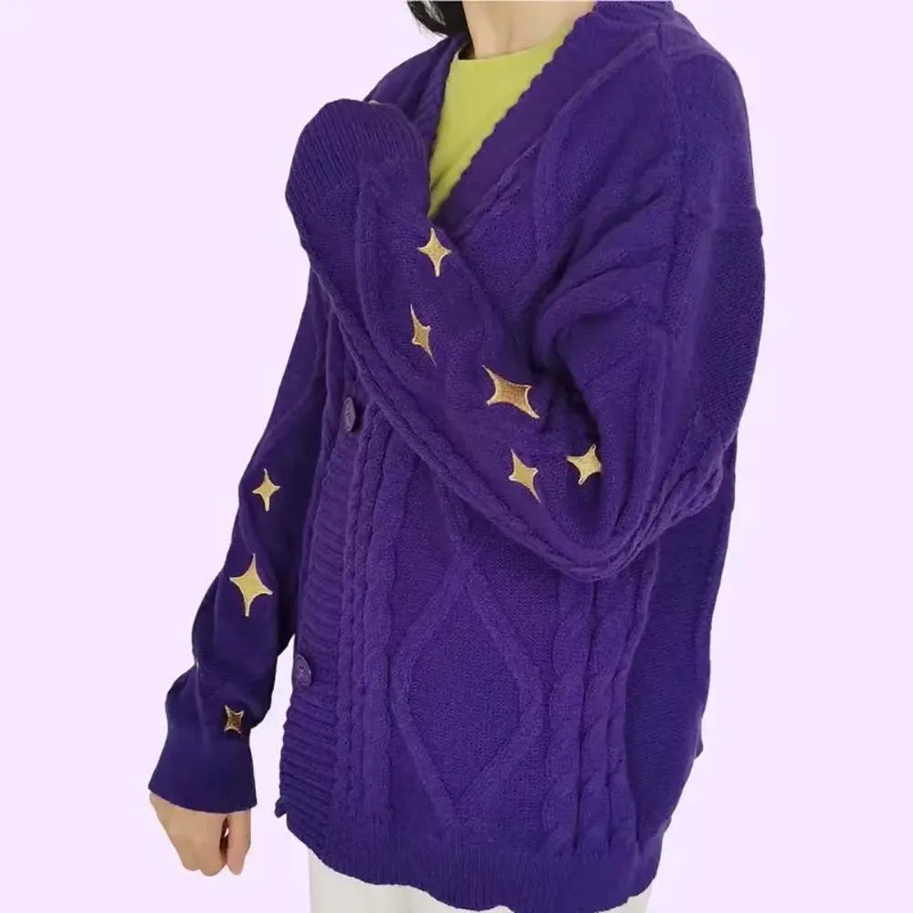 Girlary-shop fall fashion Autumn and Winter New Purple Sweater Cardigan Coat Single-Breasted Star Embroidered Casual Sweater Top