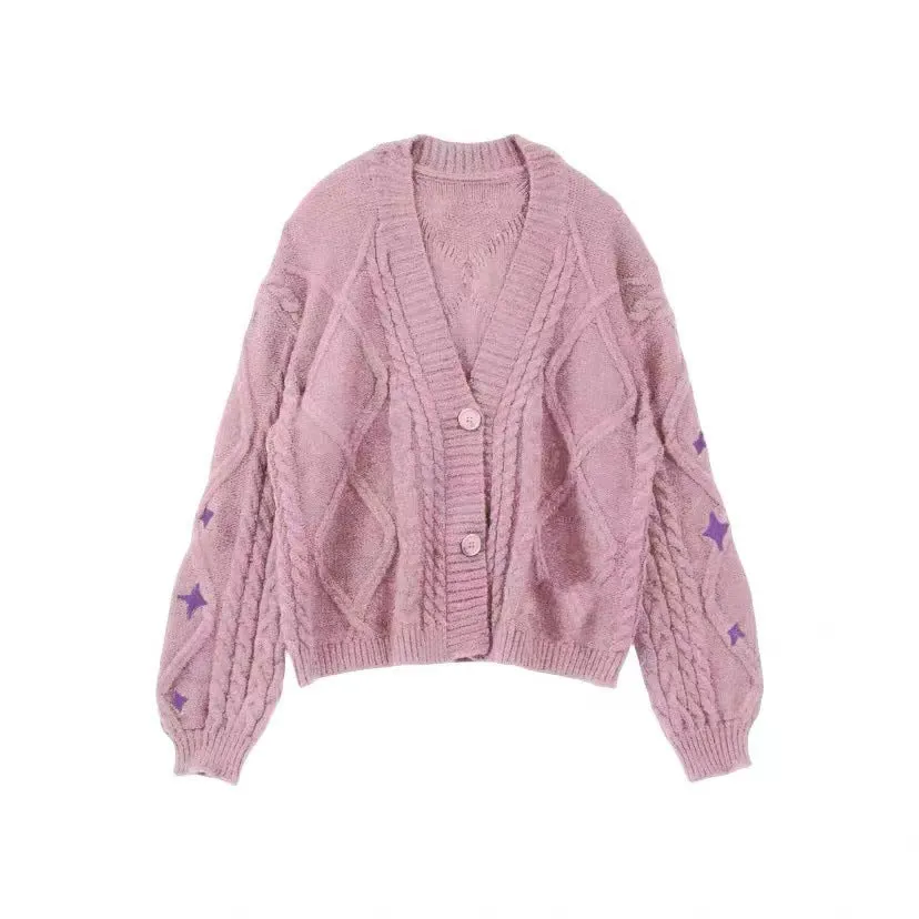 Girlary-shop fall fashion Autumn and Winter New Purple Sweater Cardigan Coat Single-Breasted Star Embroidered Casual Sweater Top