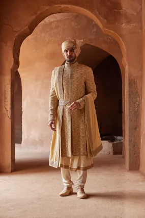 GOLD RAW SILK EMBROIDERED SHERWANI KURTA CHURIDAR SET