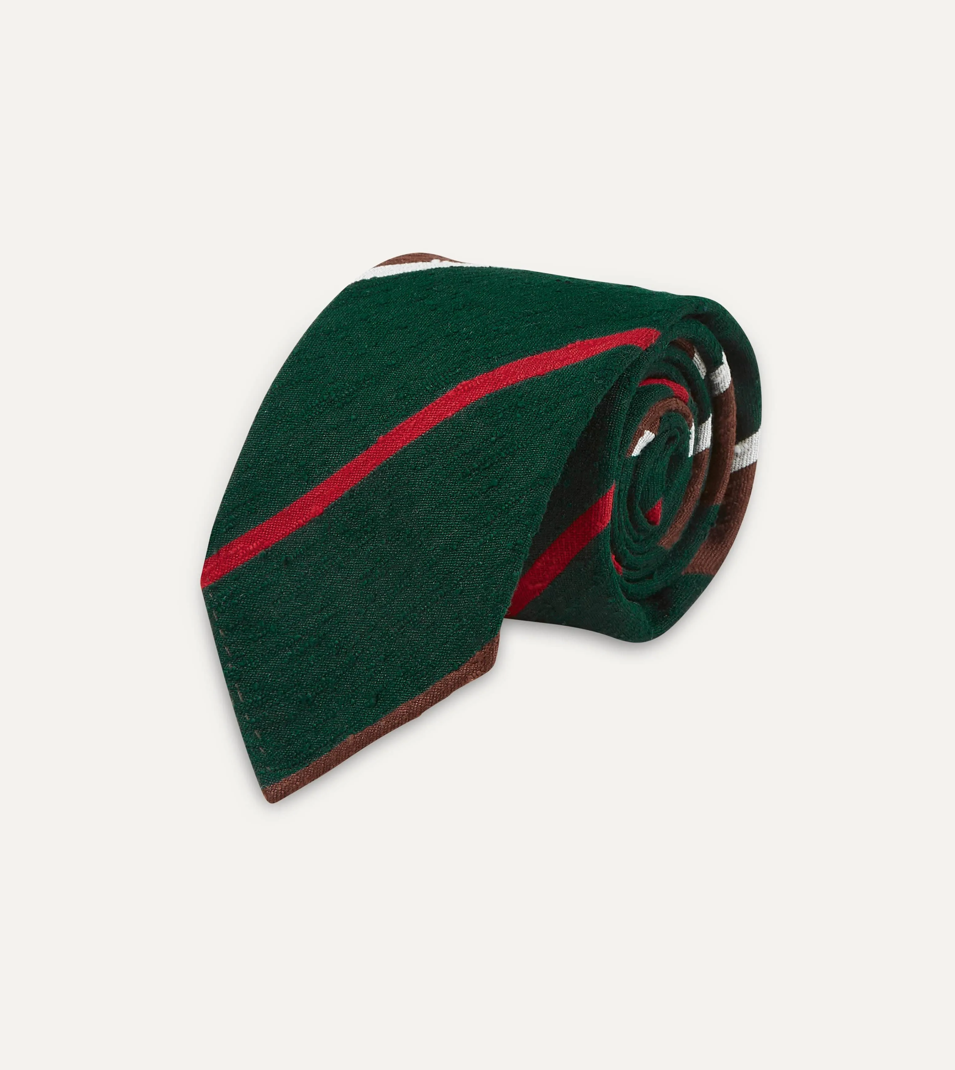 Green, Brown and White Stripe Shantung Silk Tie