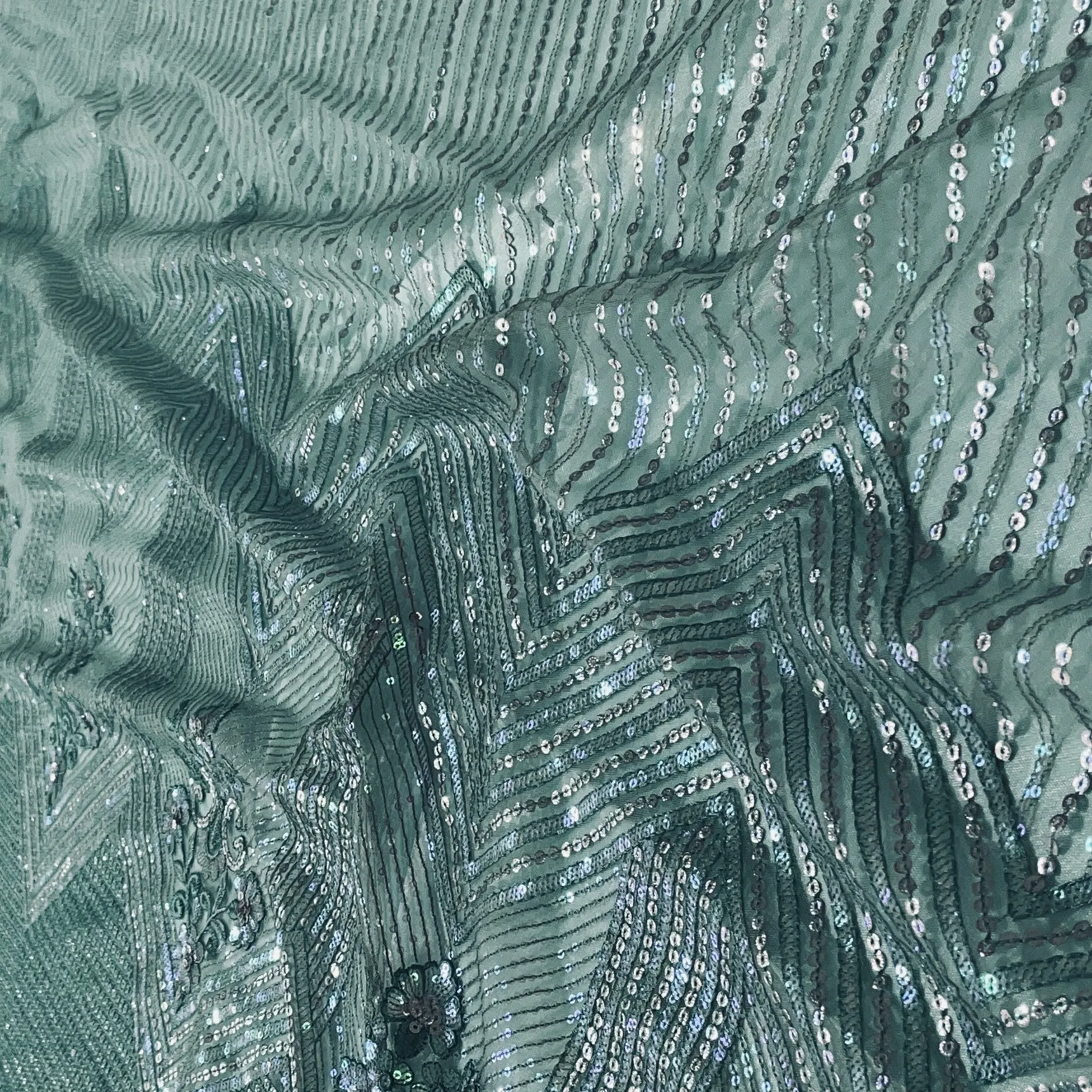 Green Sequins & Embrodiery Net Fabric