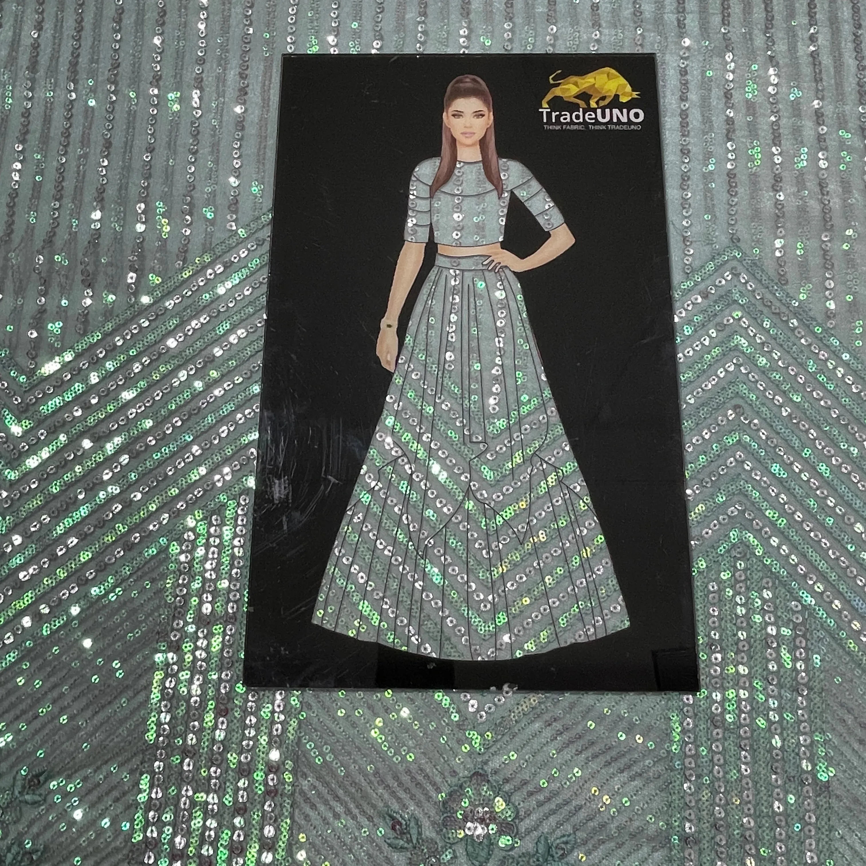 Green Sequins & Embrodiery Net Fabric