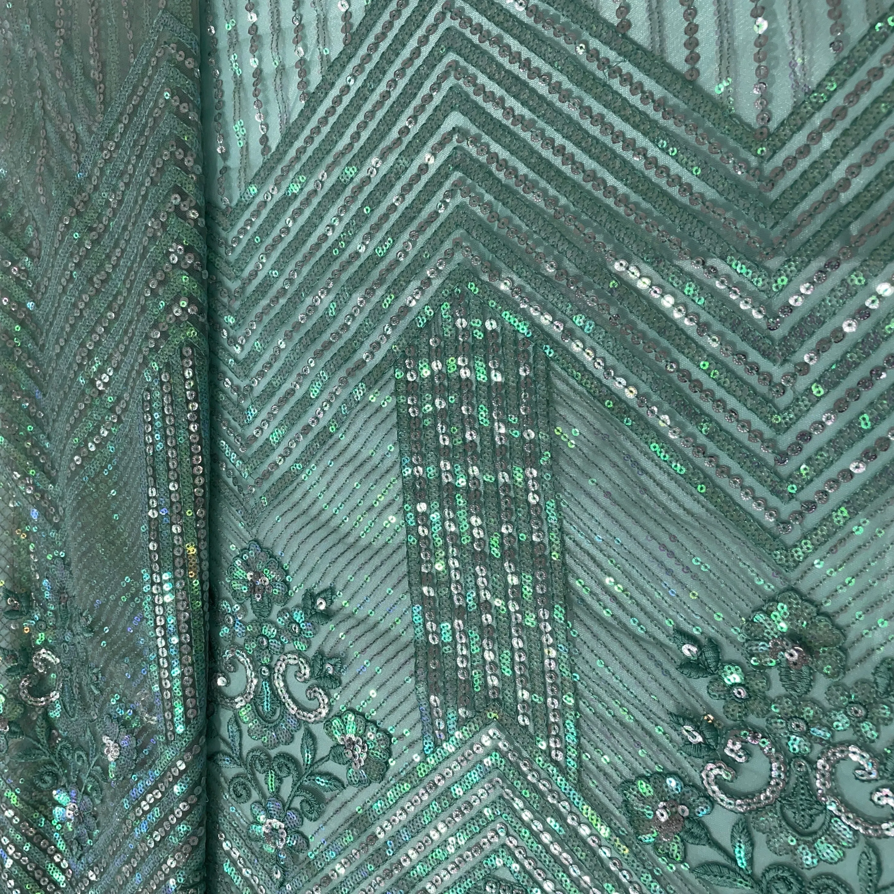 Green Sequins & Embrodiery Net Fabric