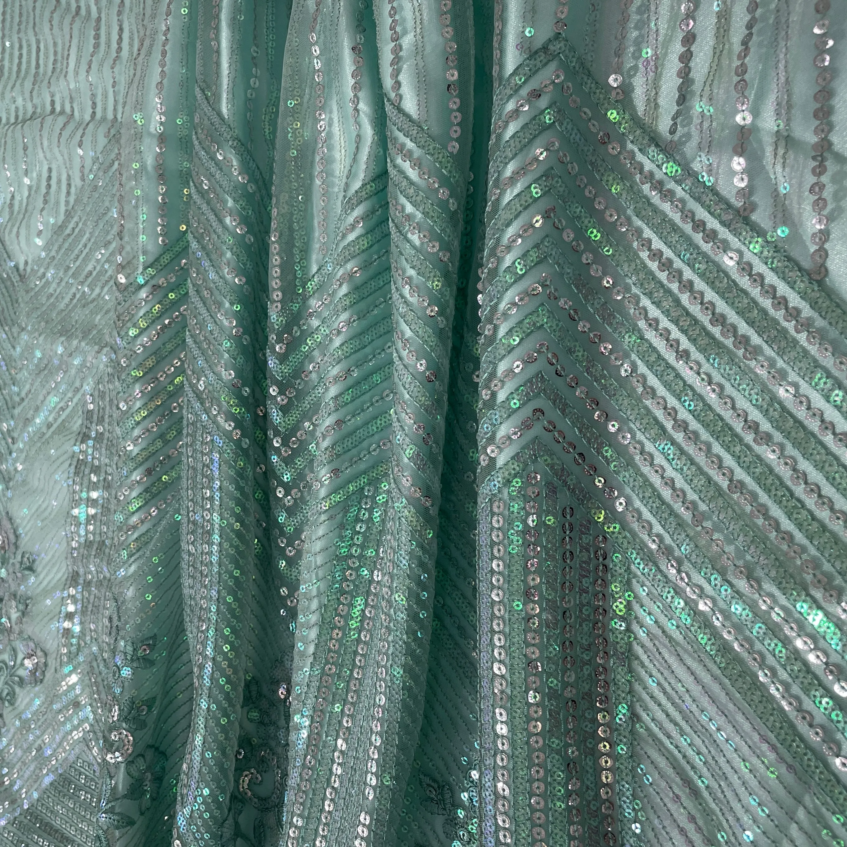 Green Sequins & Embrodiery Net Fabric