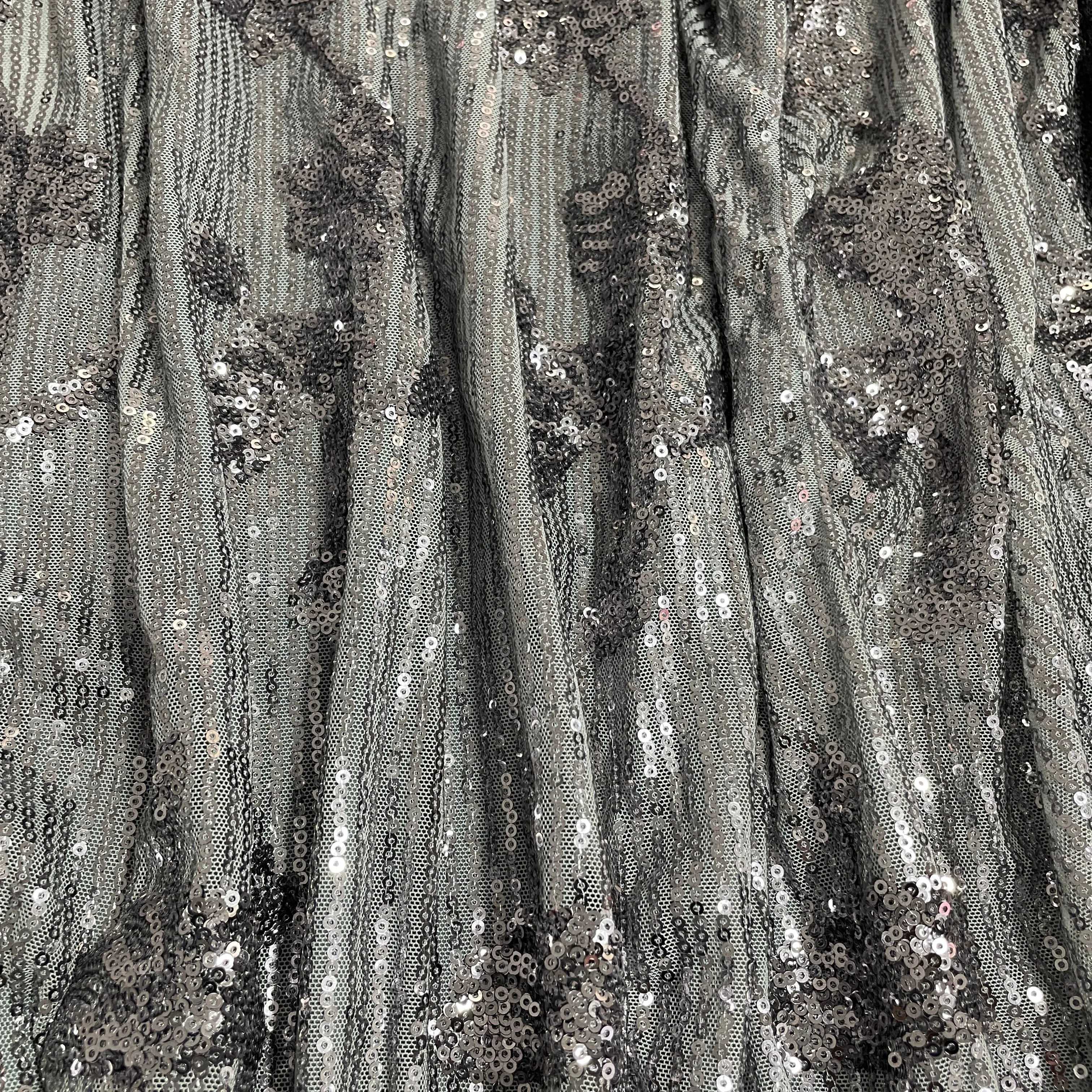 Grey Floral Imported Sequins Embroidery Net Fabric