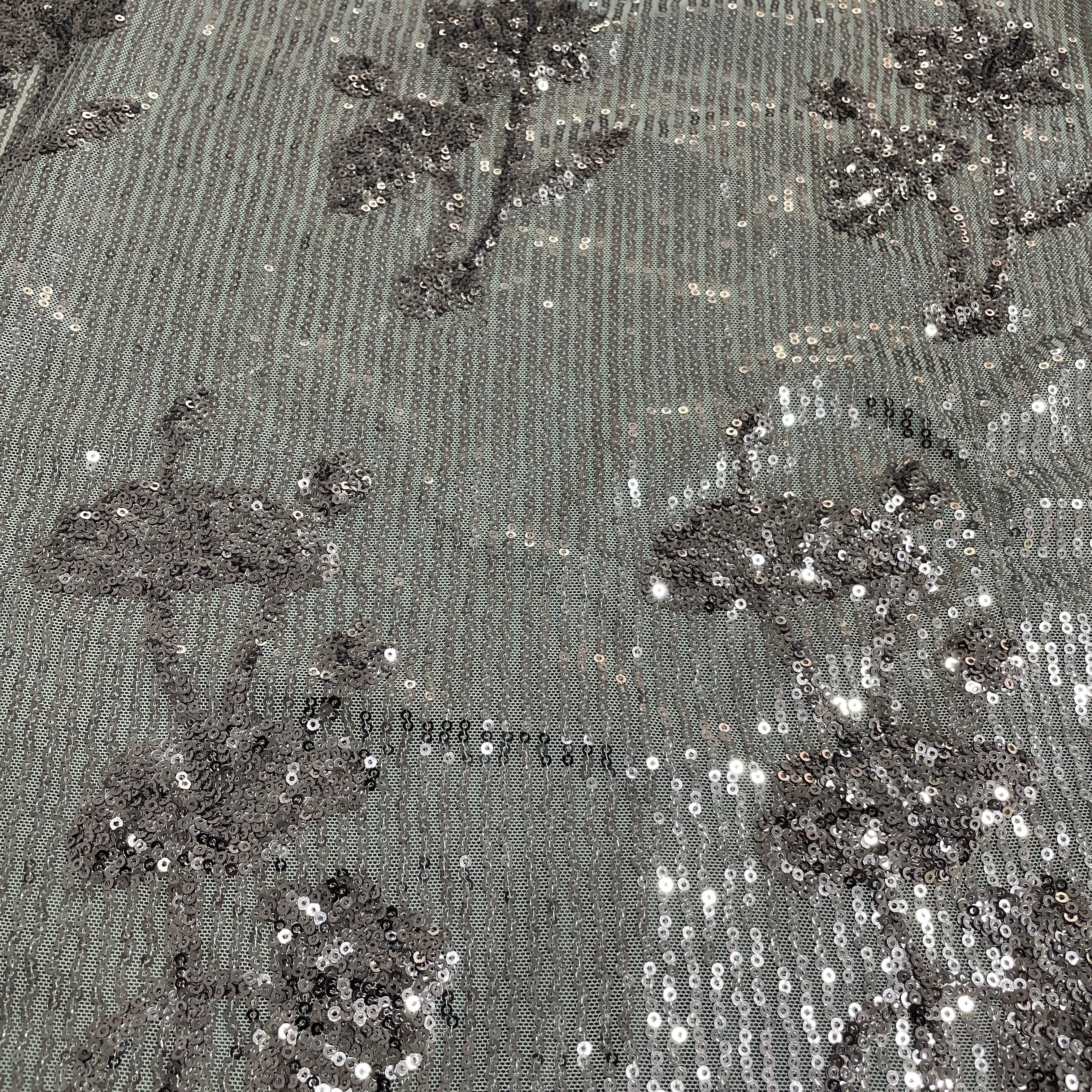 Grey Floral Imported Sequins Embroidery Net Fabric