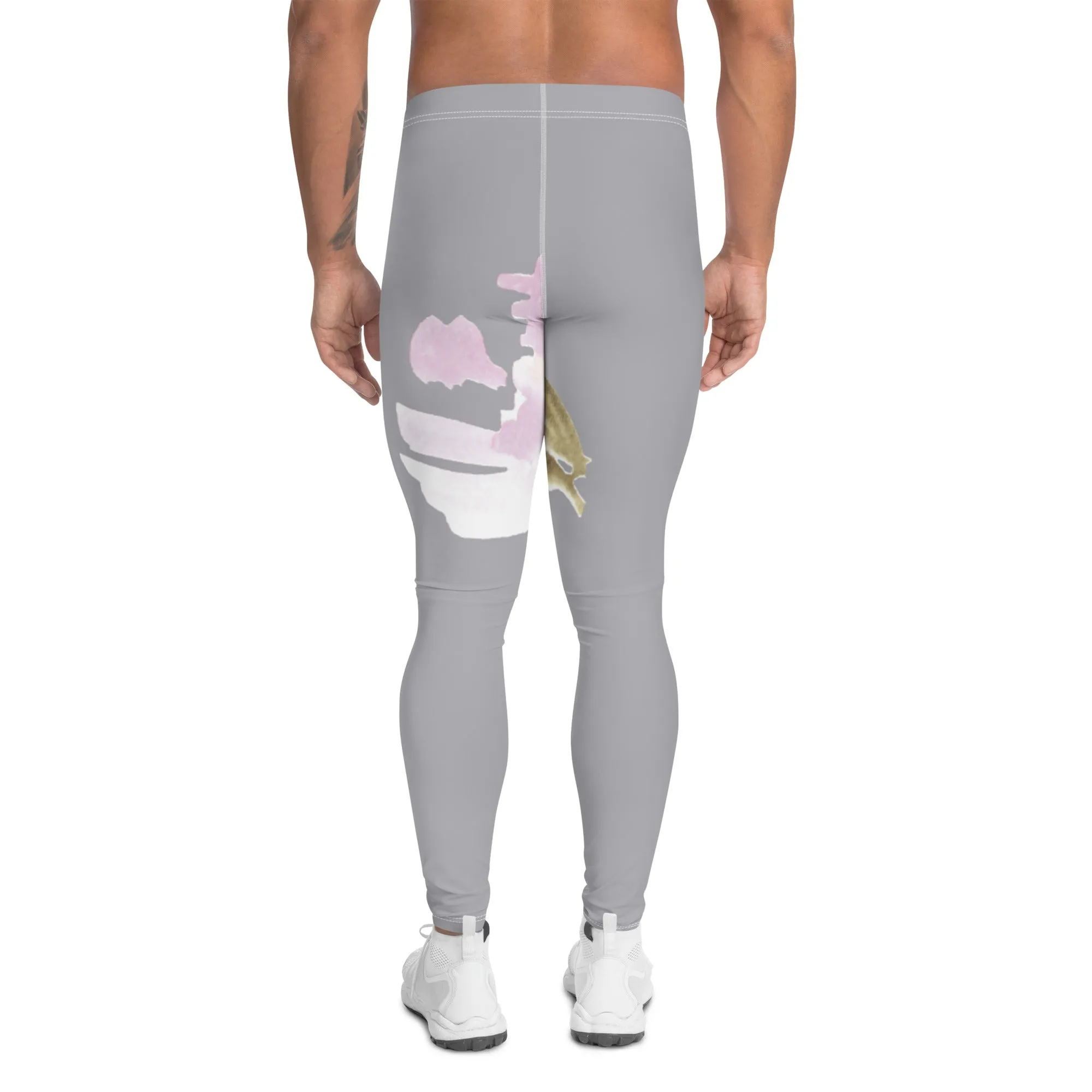 Grey Floral Print Men's Leggings, Flower Printed Designer Meggings Compression Tights-Made in USA/EU/MX