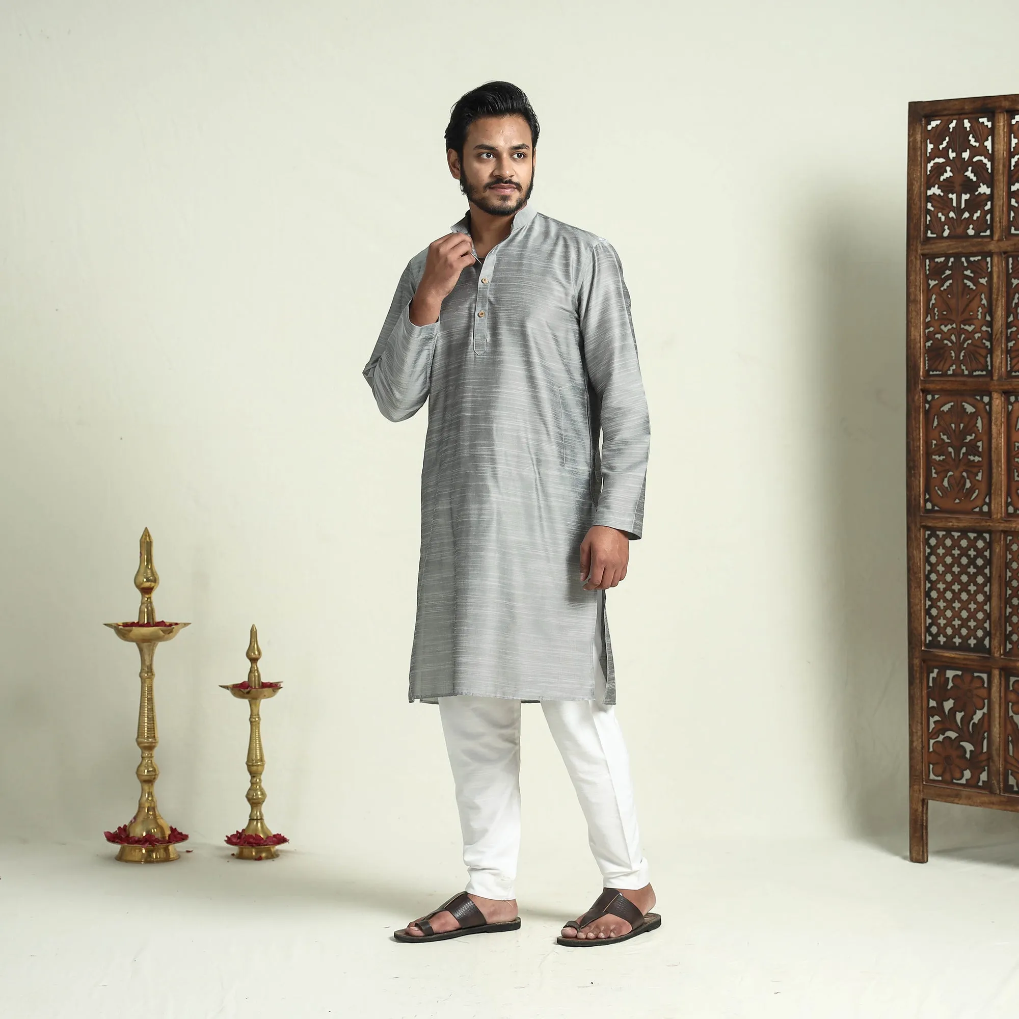 Grey - Plain Dyed Slub Silk Men Long Kurta