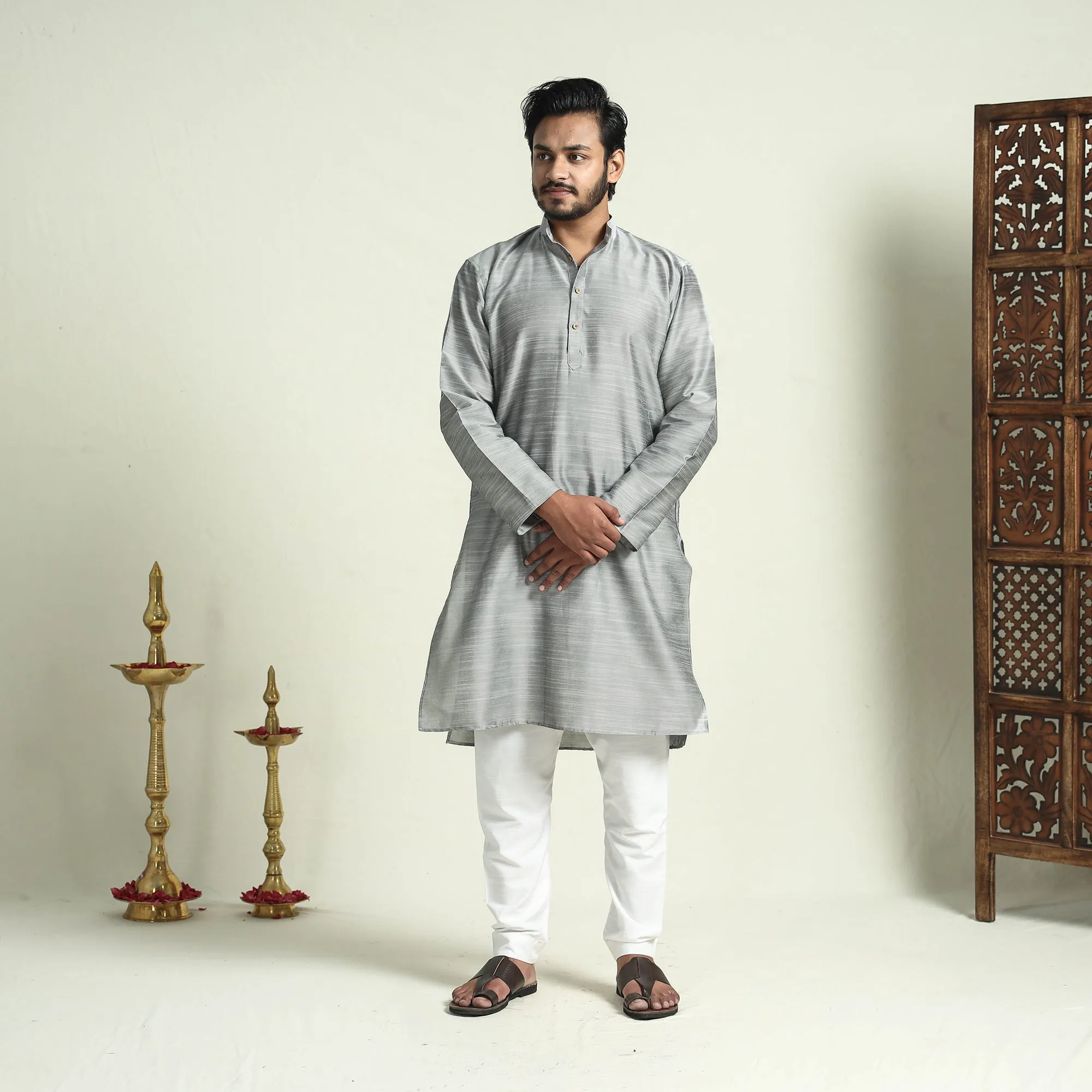 Grey - Plain Dyed Slub Silk Men Long Kurta