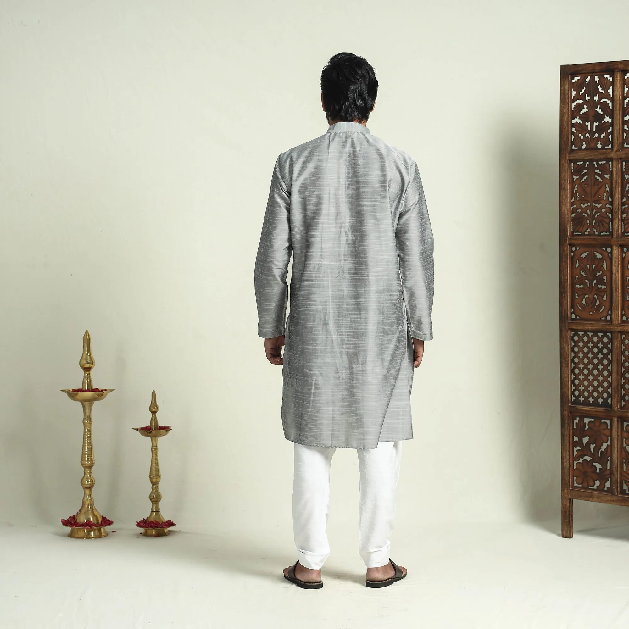 Grey - Plain Dyed Slub Silk Men Long Kurta