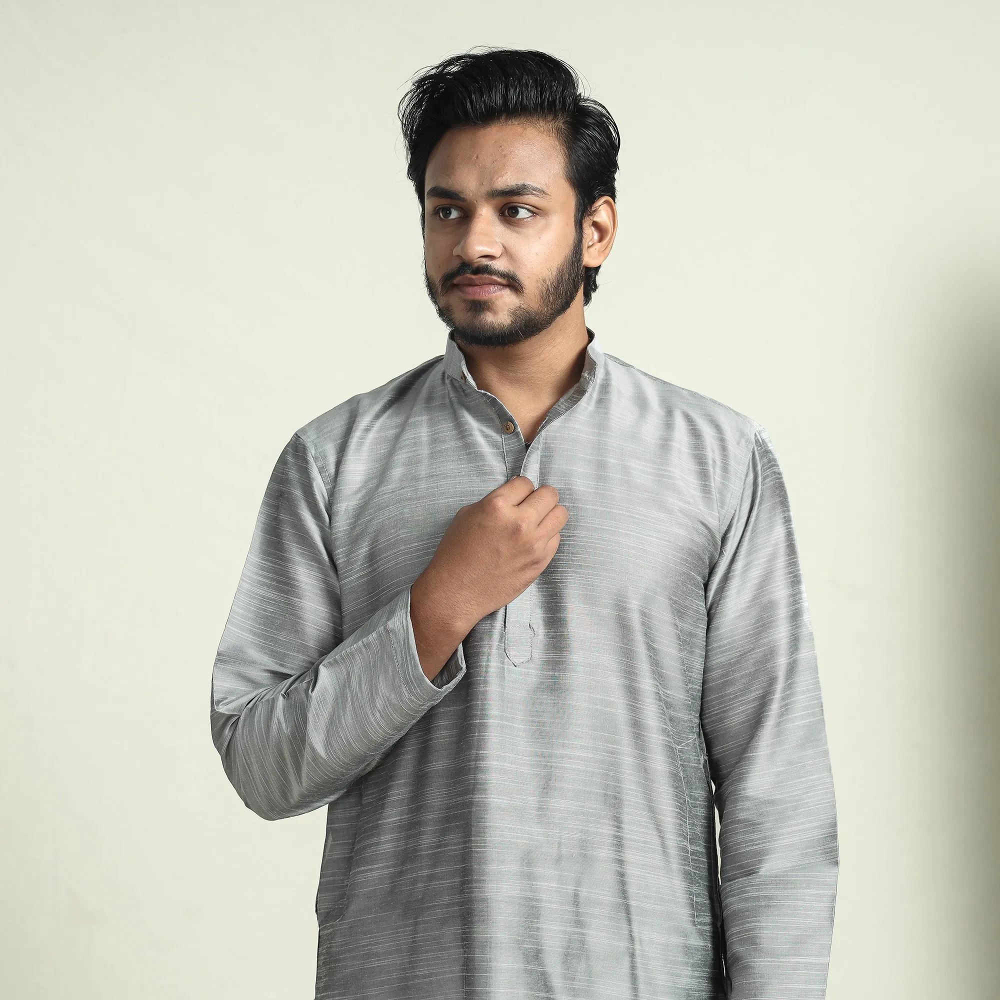 Grey - Plain Dyed Slub Silk Men Long Kurta