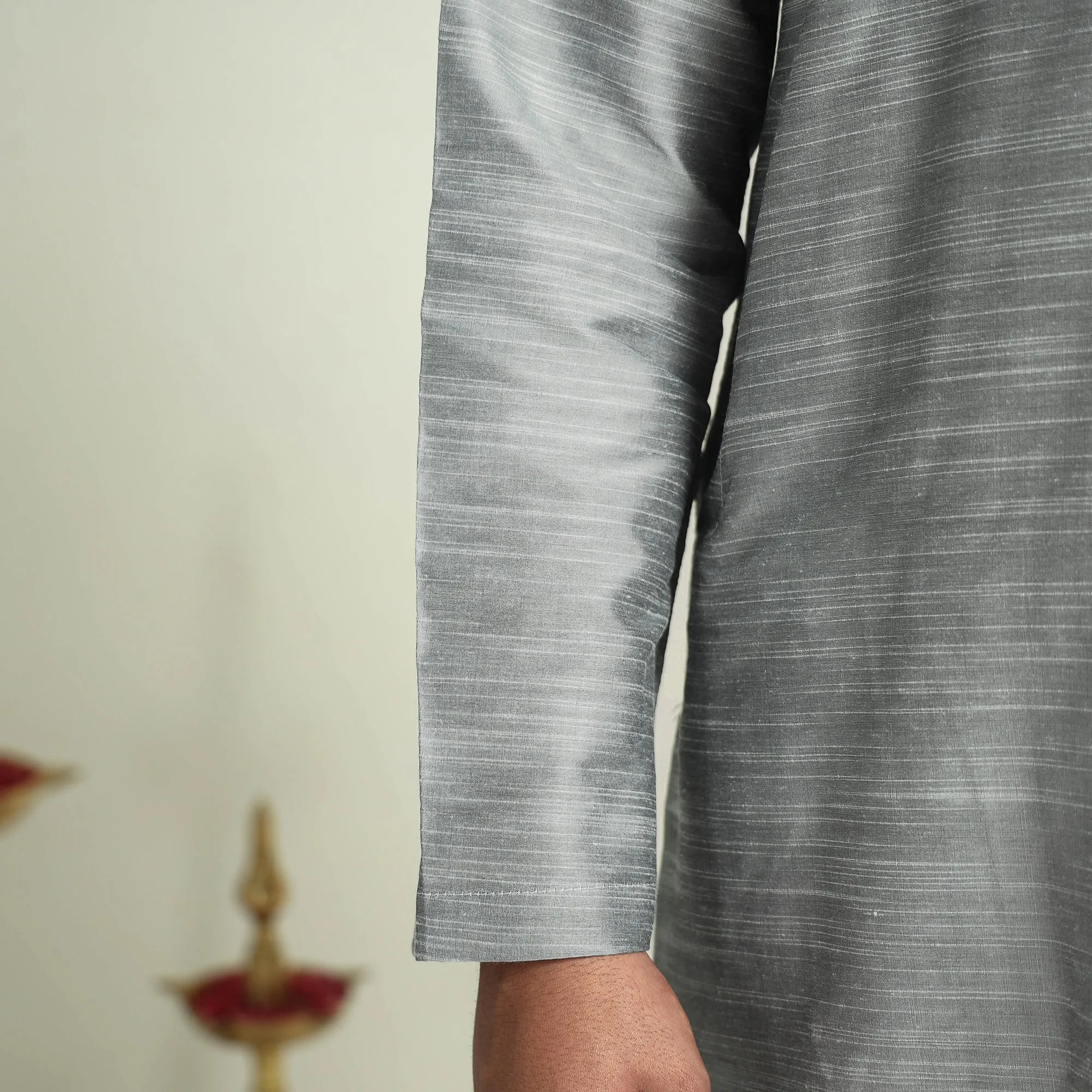 Grey - Plain Dyed Slub Silk Men Long Kurta