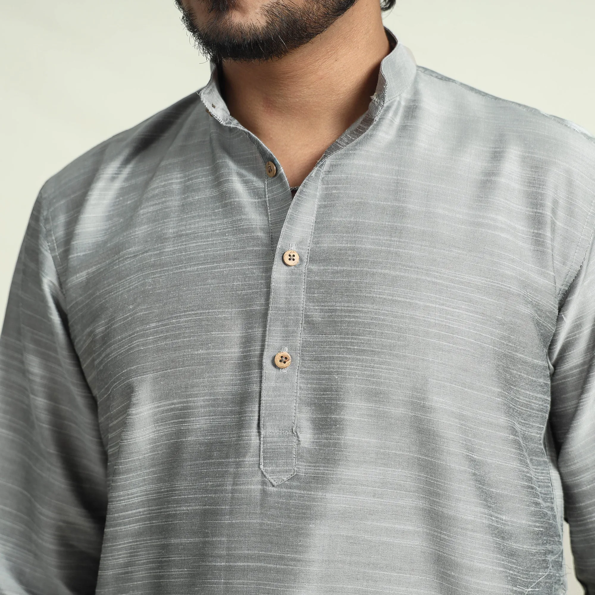 Grey - Plain Dyed Slub Silk Men Long Kurta