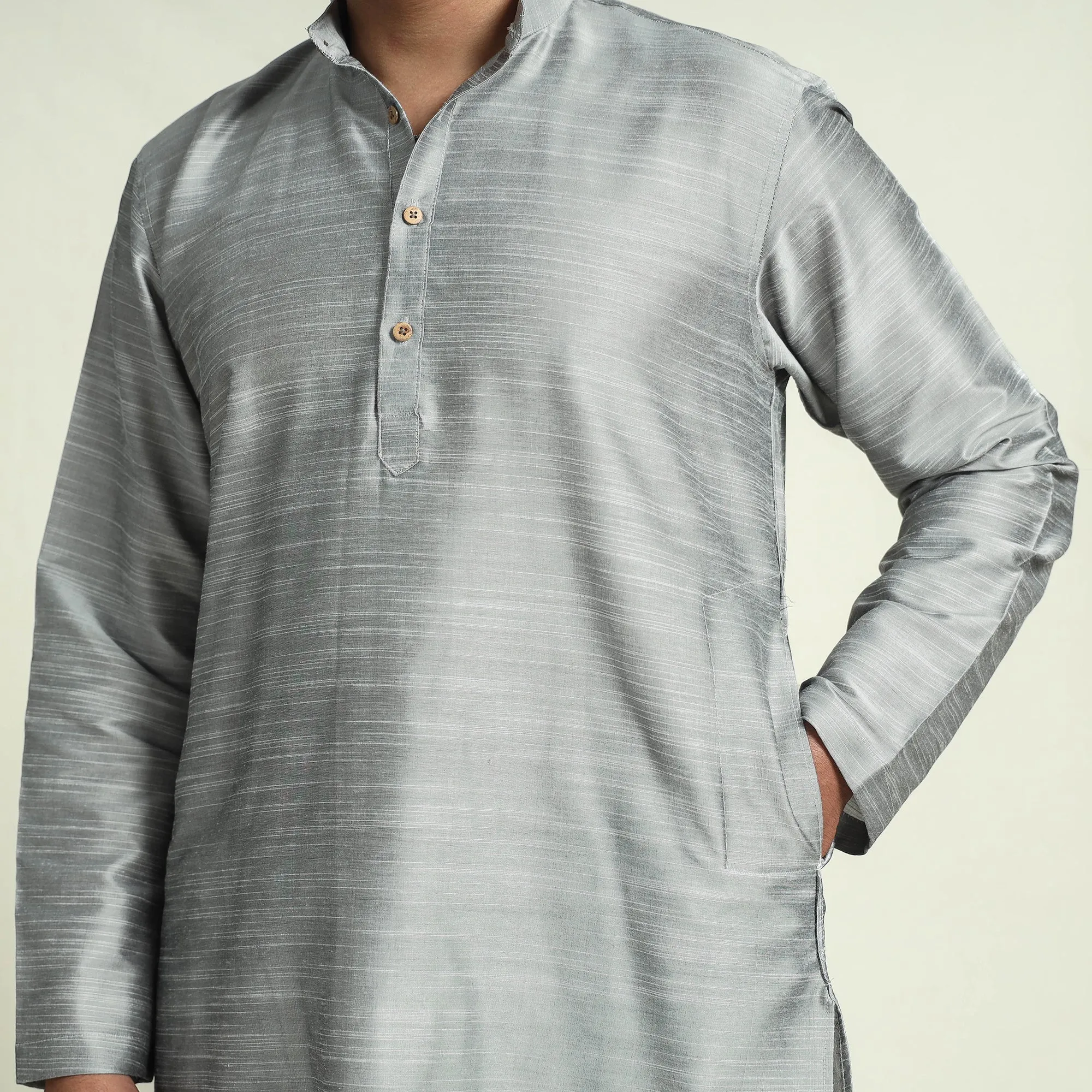 Grey - Plain Dyed Slub Silk Men Long Kurta