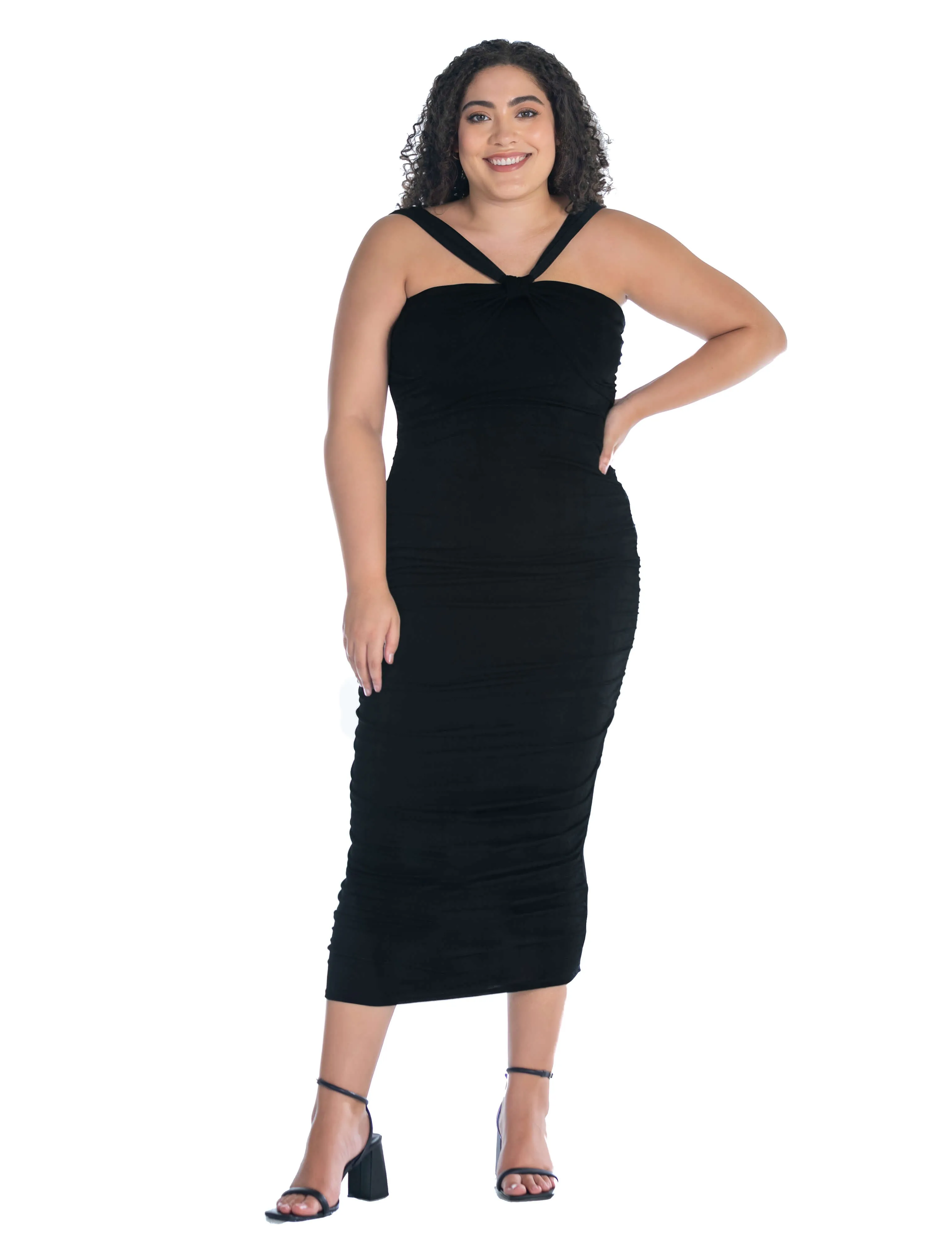 Halter Cross Neck Ruched Plus Size Bodycon Mid Dress