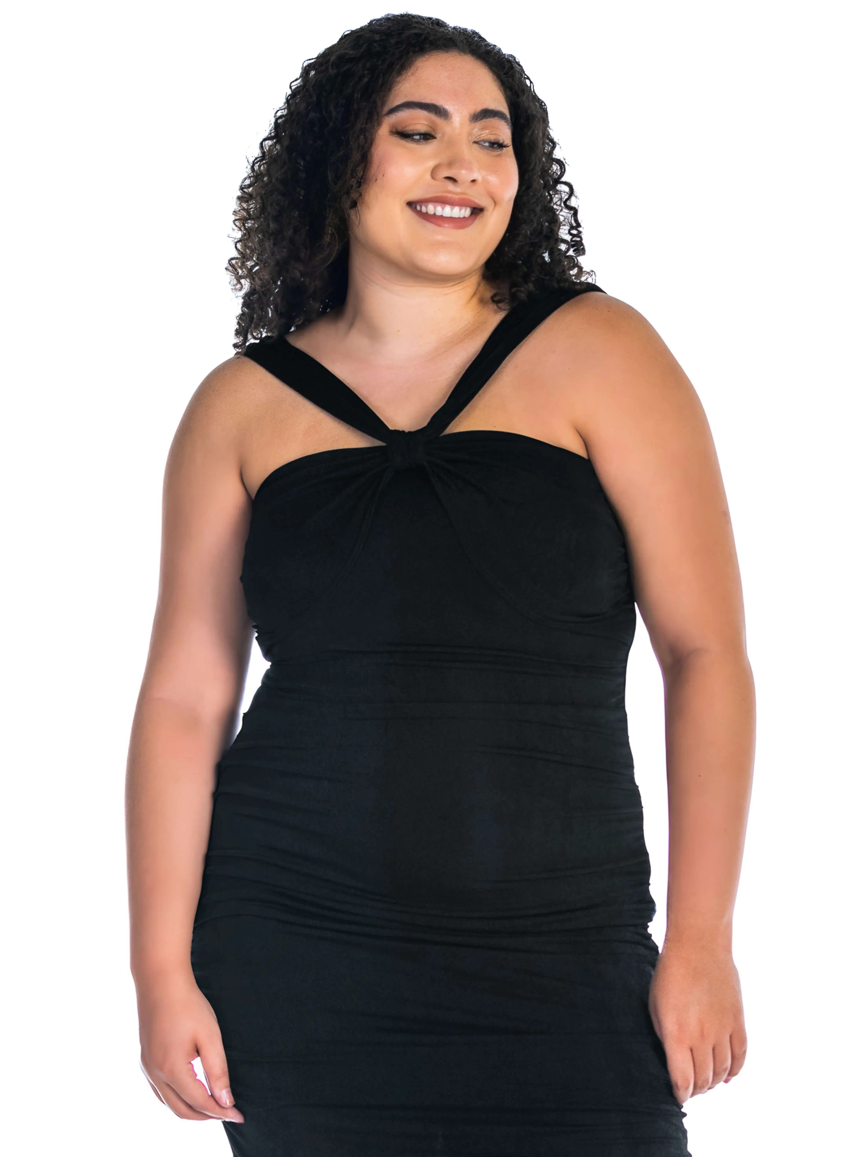 Halter Cross Neck Ruched Plus Size Bodycon Mid Dress