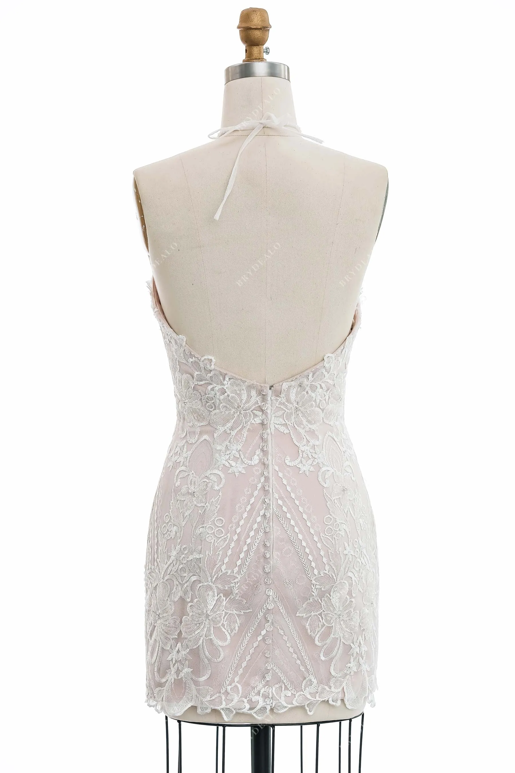 Halter Neck Lace Nude Pink Short Bodycon Casual Bridal Dress