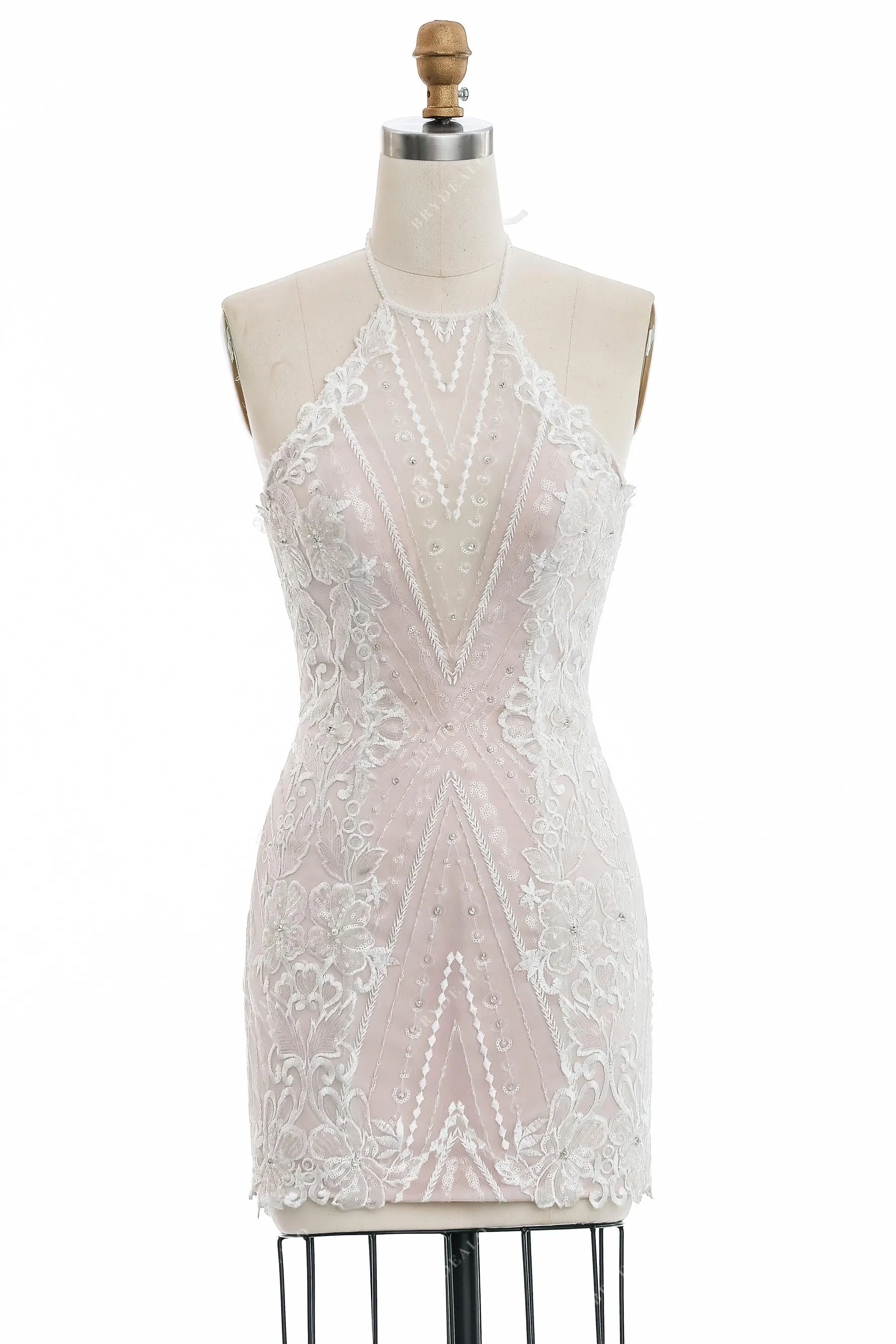 Halter Neck Lace Nude Pink Short Bodycon Casual Bridal Dress