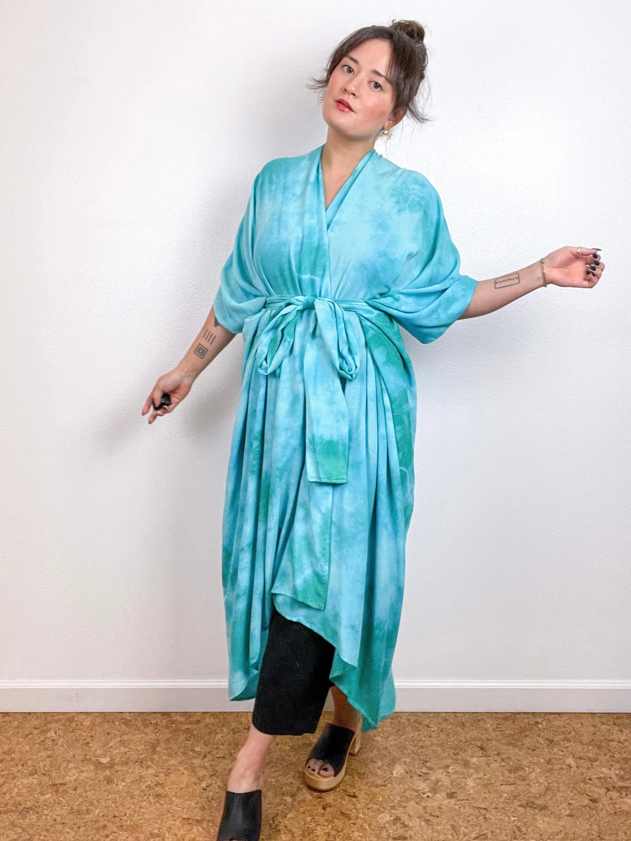 Hand-Dyed High Low Kimono Seafoam Tie