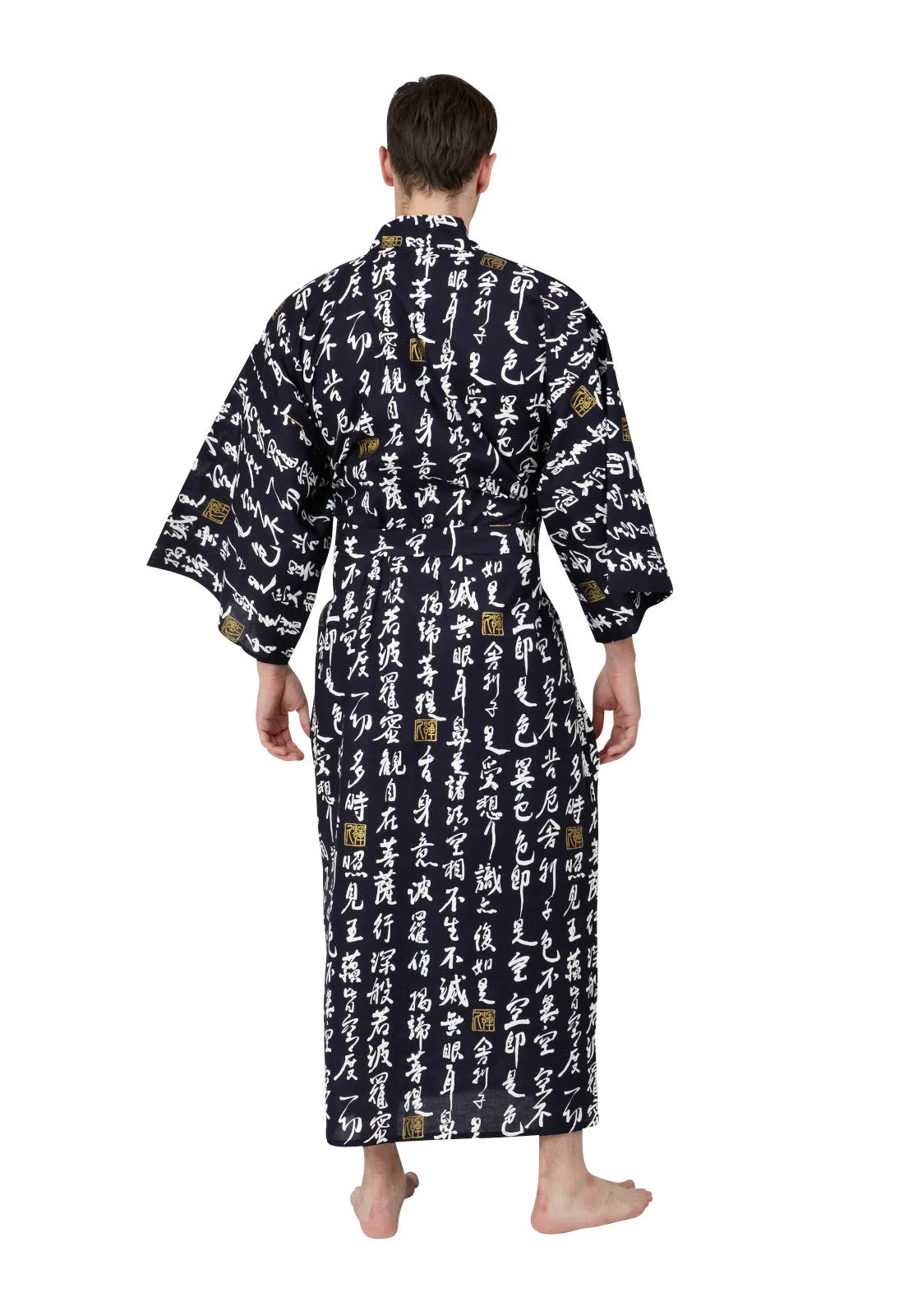 Hannya Sutra Mens Long Cotton Kimono Navy