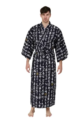 Hannya Sutra Mens Long Cotton Kimono Navy